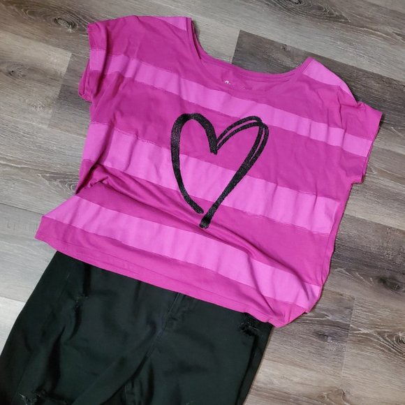 Aeropostale Tops - Aeropostale Pink Striped Sparkle Heart T-Shirt XXL